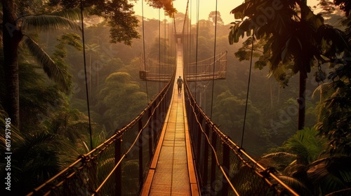 adventure tourism crossing a cable-stayed bridge surrounded by nature and vegetation