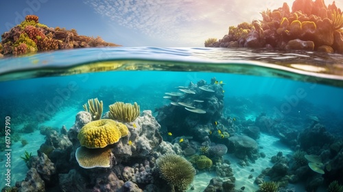 underwater photography of some reefs with the sun above  view of underwater nature