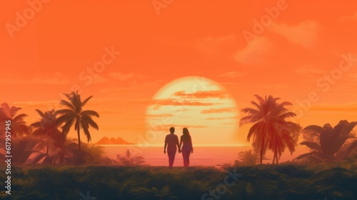 couple enjoying a sunset, in love together living their relationship happily