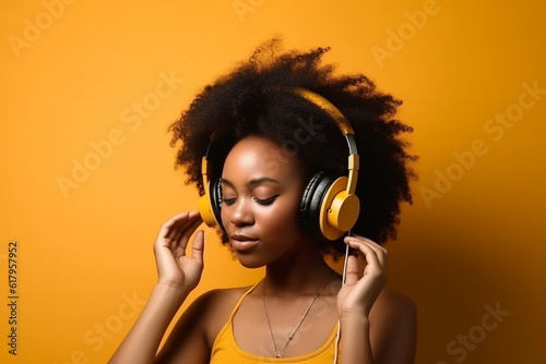 Happy young afro-american woman in headphones on the bright yellow background. Generative AI