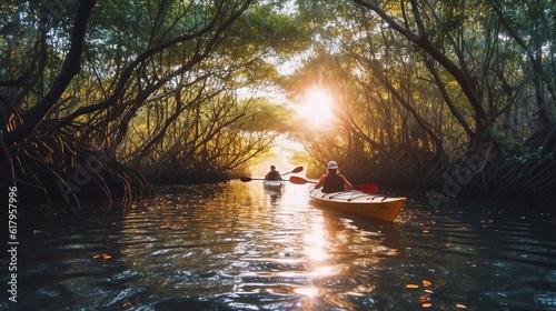 people in kayak navigating a calm river doing adventure tourism and experiences, enjoying the mangroves and nature