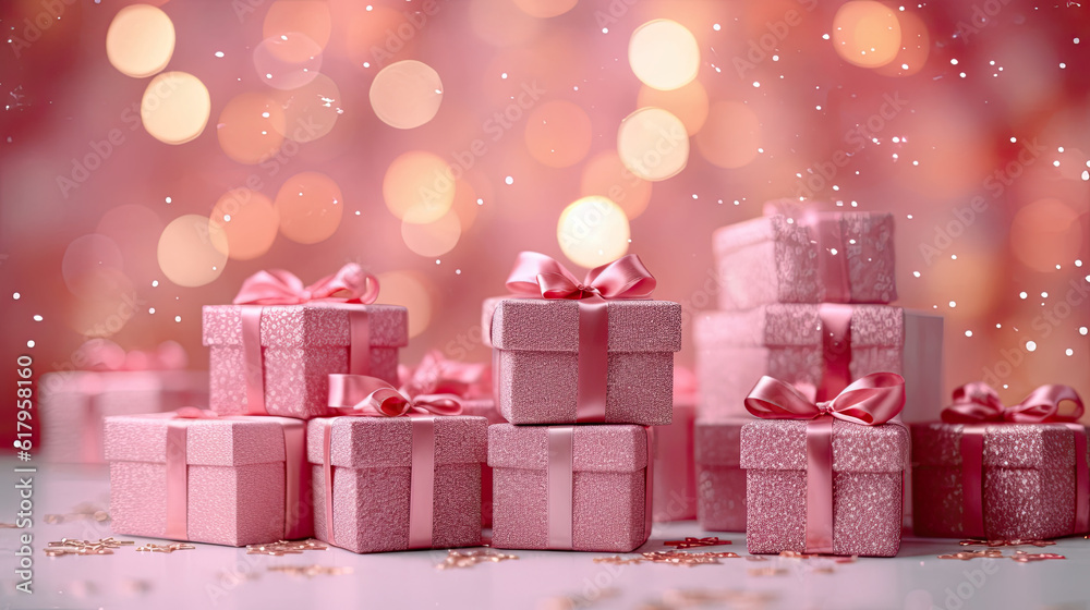 Glittering holiday background adorned with radiant pink gift boxes