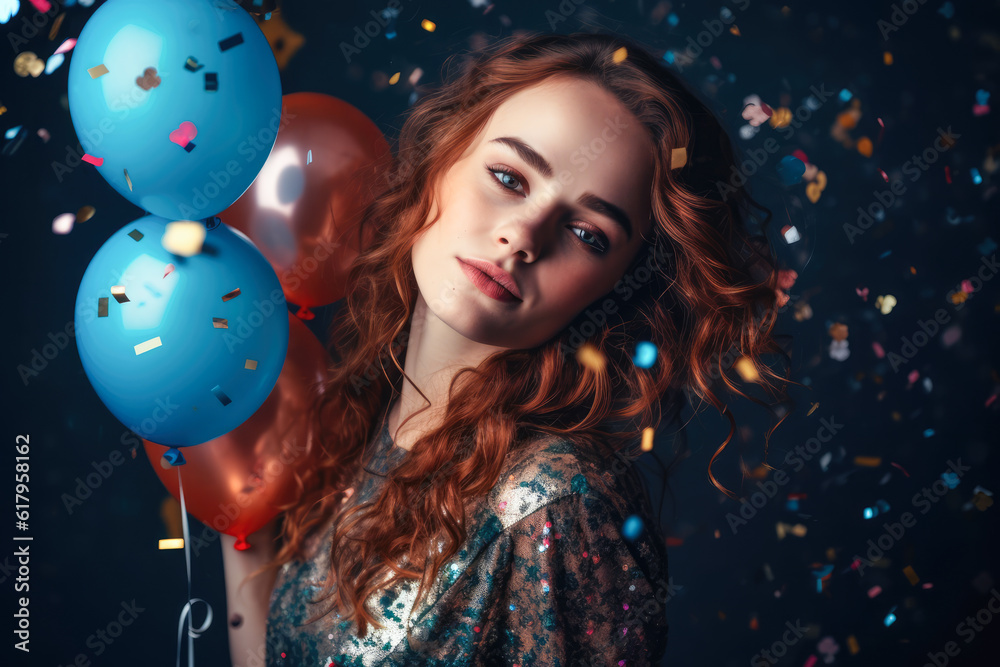 Beautiful young woman with air balloons and falling confetti against dark background. generative AI Beautiful young woman with air balloons and falling confetti against dark background. generative AI