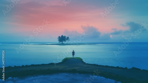 lonely man observing the immense nature, meditating tranquility and zen state