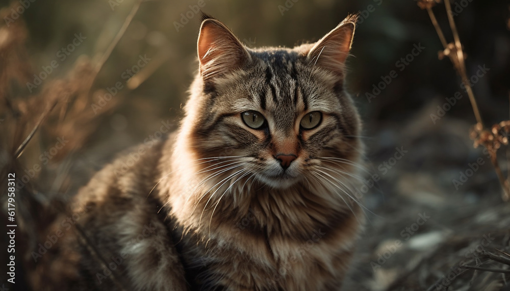 Cute kitten staring with focus on foreground in natural beauty generated by AI