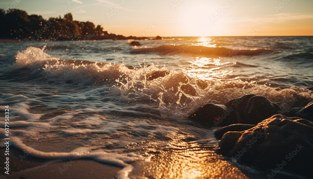 Obraz premium Tranquil waters edge, reflecting the beauty of nature sunset generated by AI