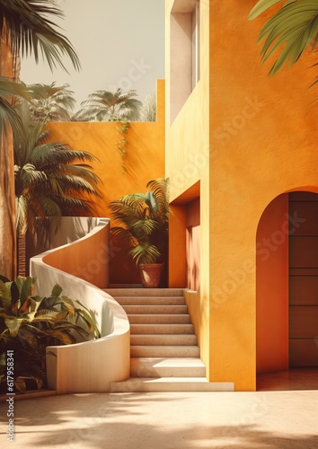 colorful mexican architecture on the beach, luis barragan regionalist style with vegetation and palm trees on the sides photo
