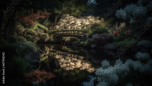 A tranquil scene of a green forest reflected in a pond generated by AI