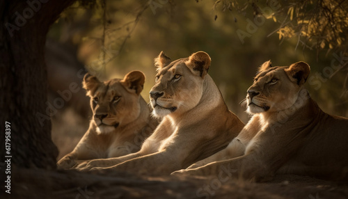 Sunlit savannah showcases majestic pride of undomesticated felines in Africa generated by AI