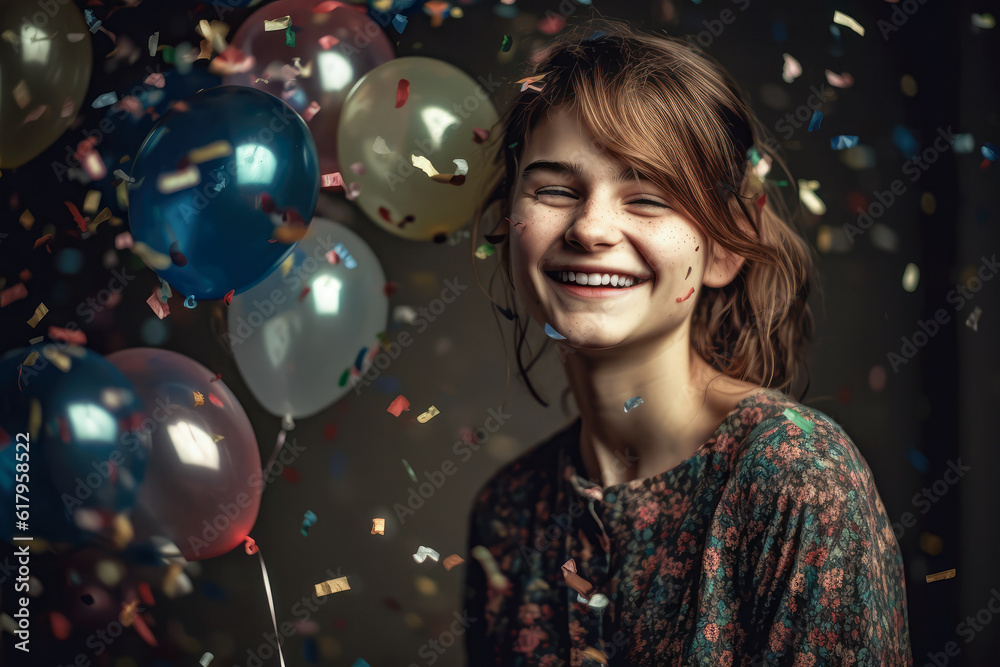 Fototapeta premium smiling girl with air balloons and falling confetti against dark background. generative AI