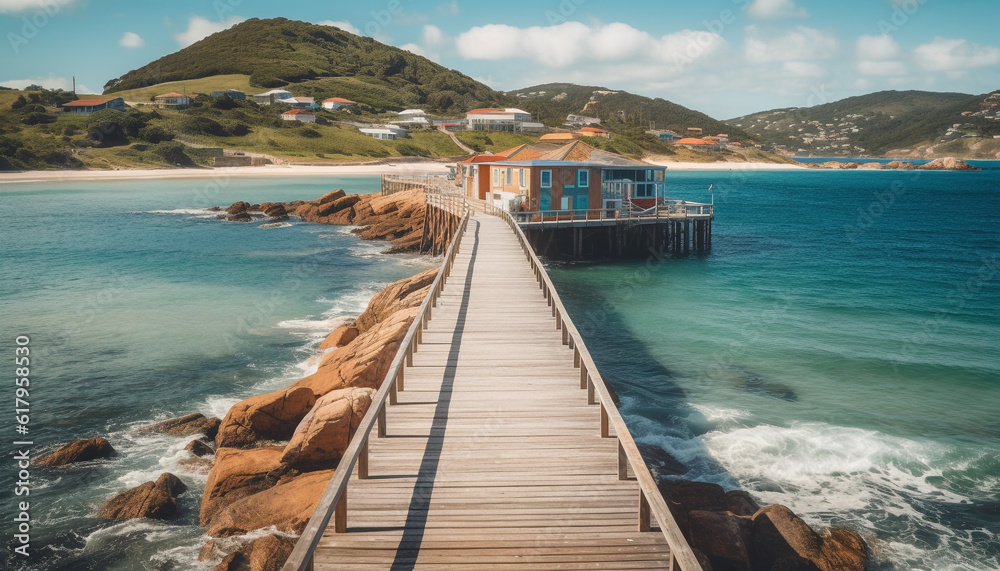 Naklejka premium Tranquil scene of a beautiful seascape with a wooden jetty generated by AI