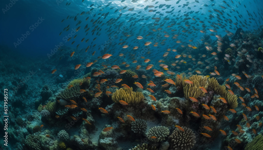 Fototapeta premium Multi colored school of fish swim below beautiful coral reef generated by AI