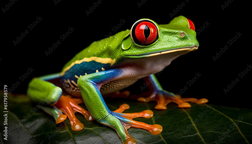 Fototapeta premium Red eyed tree frog sitting on a leaf in tropical rainforest generated by AI