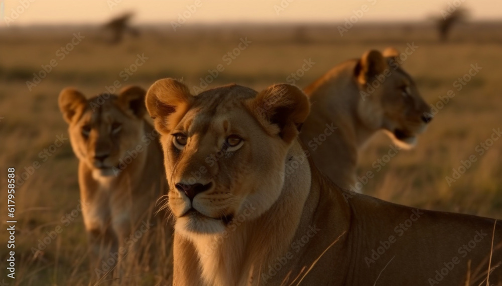 Lioness and cub walking in the savannah at sunset generated by AI