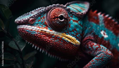 Green gecko on branch, close up of multi colored reptile eye generated by AI