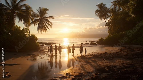 people playing and having fun on the shore of the beach with a sunset in the background  palm trees and stones around