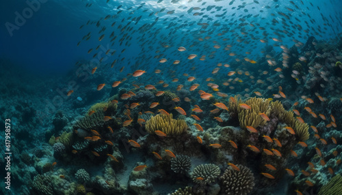 Multi colored school of fish swim below beautiful coral reef generated by AI