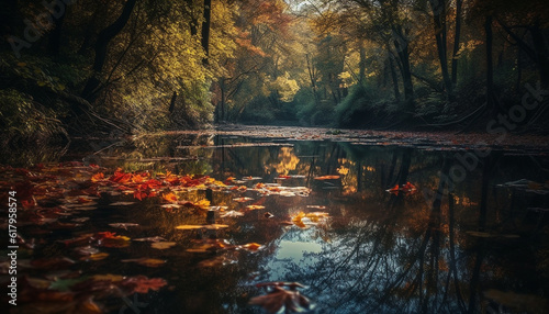 Tranquil autumn forest reflects vibrant multi colored foliage in pond generated by AI