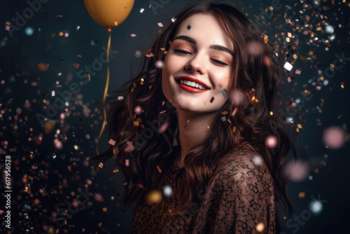 smiling girl with air balloons and falling confetti against dark background. generative AI