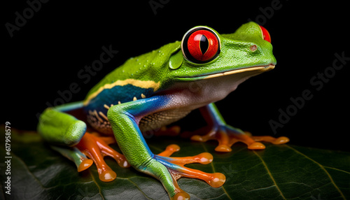 Red eyed tree frog sitting on a leaf in tropical rainforest generated by AI © Jemastock