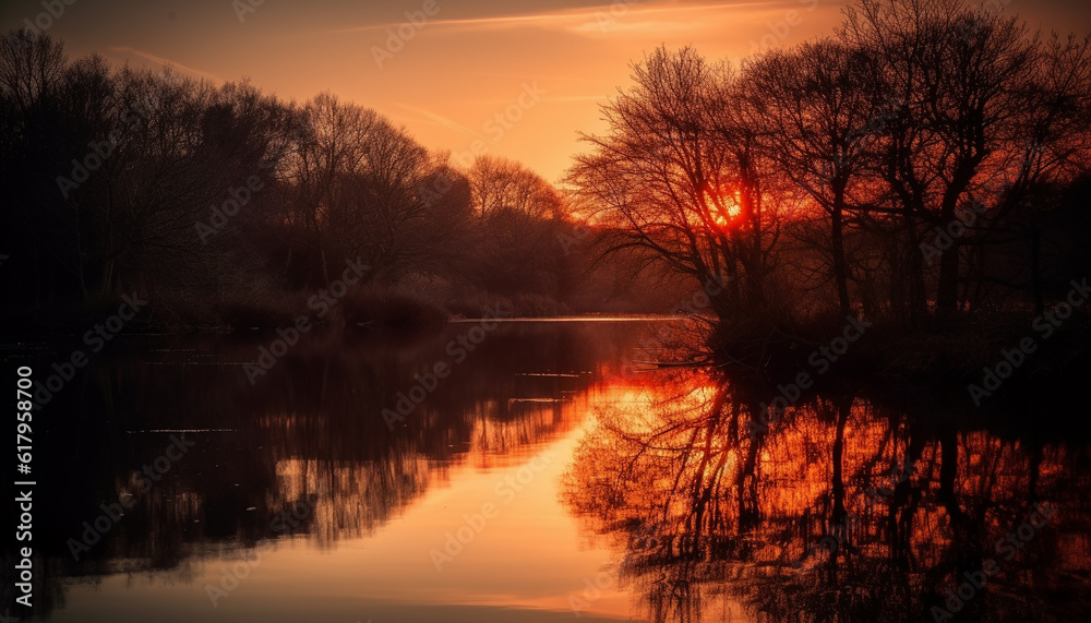 Tranquil sunset reflection on water, tree silhouette backlit by sun generated by AI