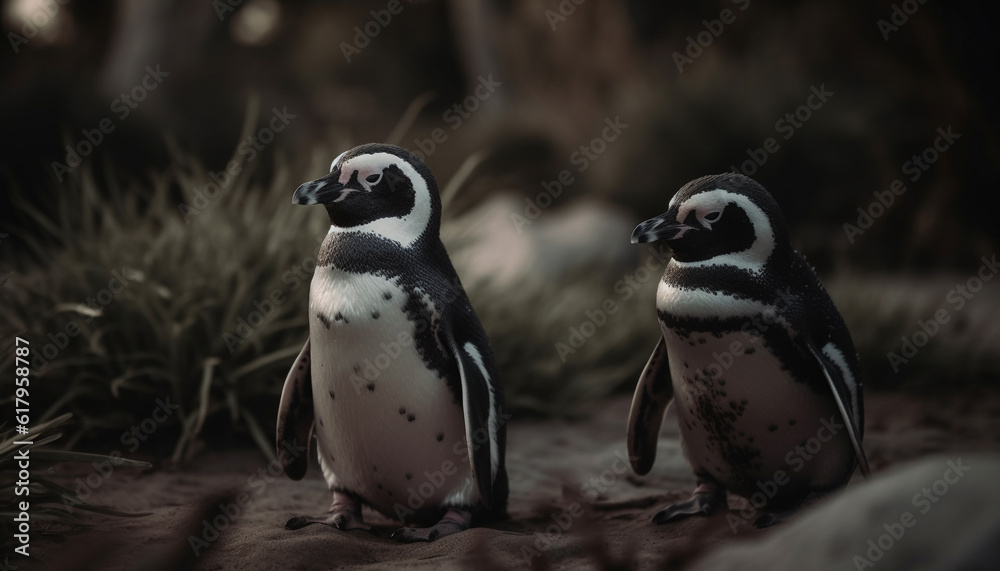 Obraz premium Penguin colony waddling on grass, standing fat and cute generated by AI