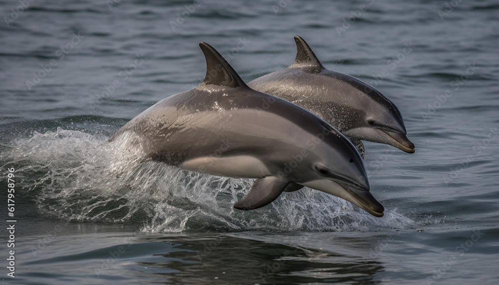Fototapeta premium Playful bottle nosed dolphin jumping in the blue sea water generated by AI