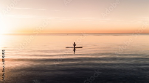 young man in a calm sea with sunset on a surfboard, with orange and pastel colors