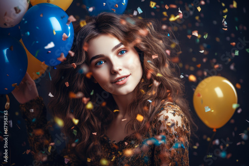 smiling girl with air balloons and falling confetti against dark background. generative AI