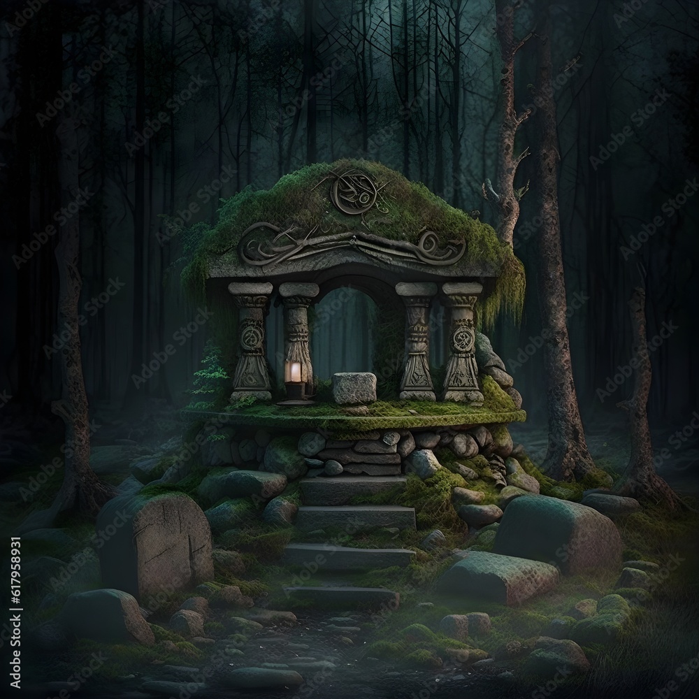 A Deep Blue Stone Atop A Dais spooky wood elf altar on a raised stone dais in a forest clearing eerie
