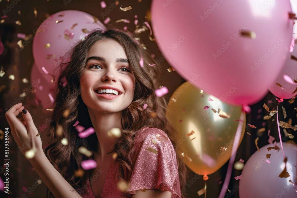 smiling girl with air balloons and falling confetti against dark background. generative AI smiling girl with air balloons and falling confetti against dark background. generative AI