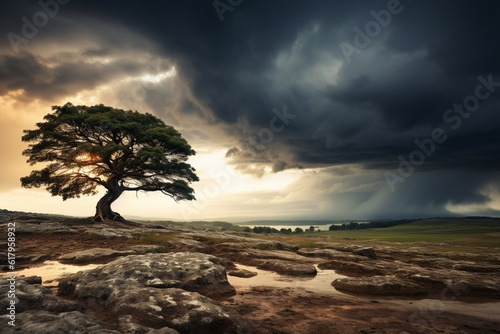 a lone tree standing tall against a stormy sky, symbolizing the stoic principle of enduring hardships with strength and unwavering resolve. Generative AI