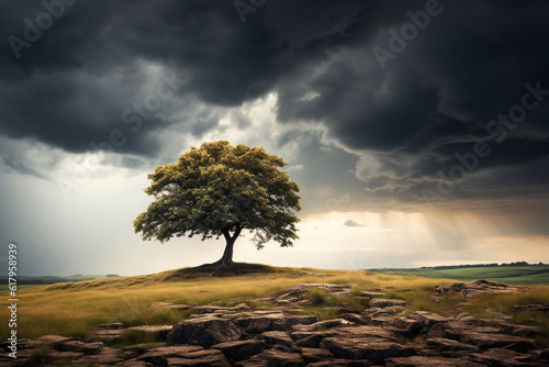 a lone tree standing tall against a stormy sky  symbolizing the stoic principle of enduring hardships with strength and unwavering resolve. Generative AI