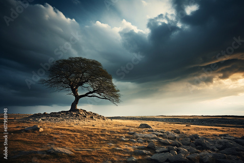 a lone tree standing tall against a stormy sky, symbolizing the stoic principle of enduring hardships with strength and unwavering resolve. Generative AI photo