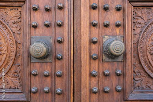 Vintage antique wooden door with Handle. Concept historical luxury apartment house.