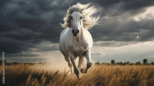 A White Horse Galloping in an Open Field, Its Mane Flowing in the Wind, Storm Clouds Brewing in the Background with Moody and Dramatic Lighting - Generative AI