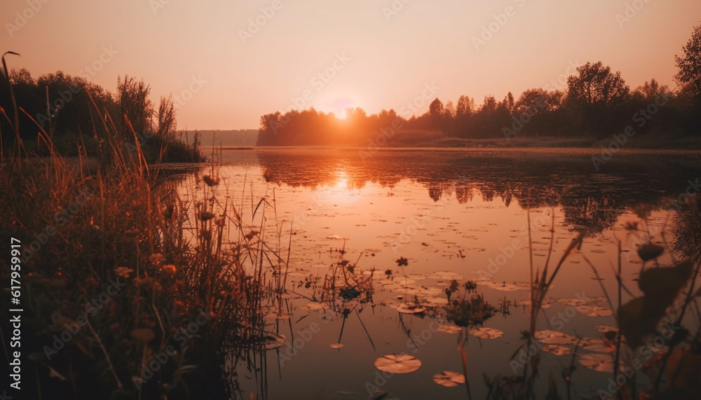 Naklejka premium Tranquil sunset over rural pond, reflecting beauty in nature landscape generated by AI