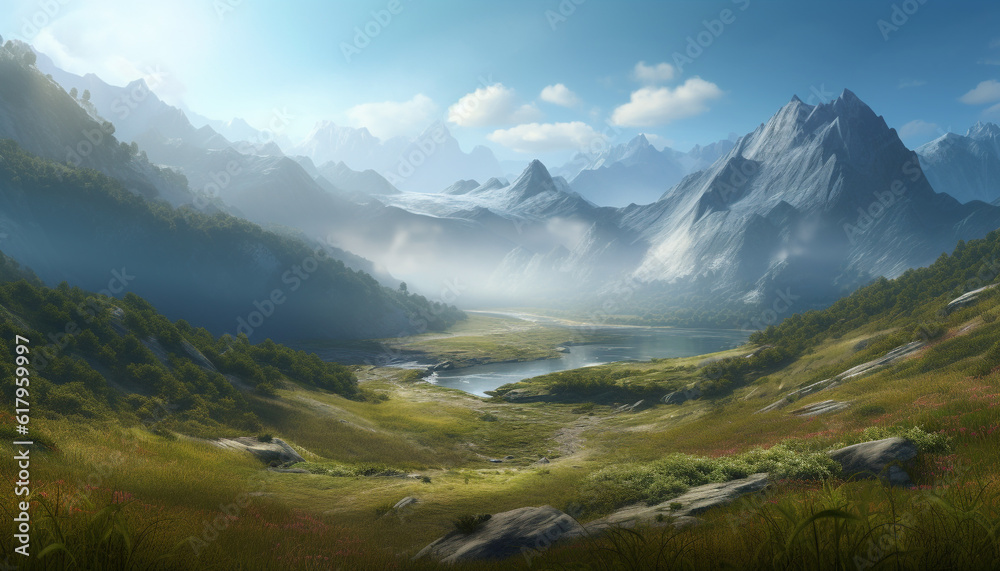Fototapeta premium Majestic mountain range, tranquil meadow, and panoramic rural scene generated by AI