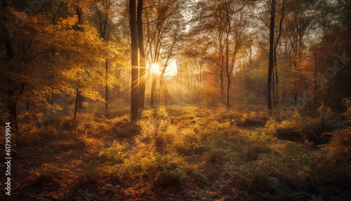 Vibrant autumn foliage illuminates tranquil forest meadow at sunrise generated by AI