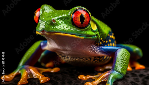 Red eyed tree frog sitting on branch in tropical rainforest generated by AI