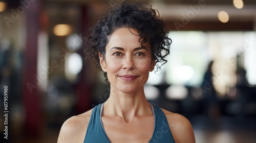 Close up front upper body portrait of one middle age athletic woman in sportswear in gym, looking at camera and smiling. photo