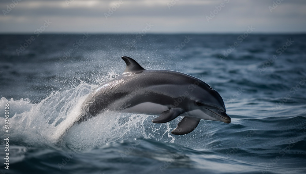 Playful dolphin jumping in the blue sea, splashing with motion generated by AI Playful dolphin jumping in the blue sea, splashing with motion generated by AI