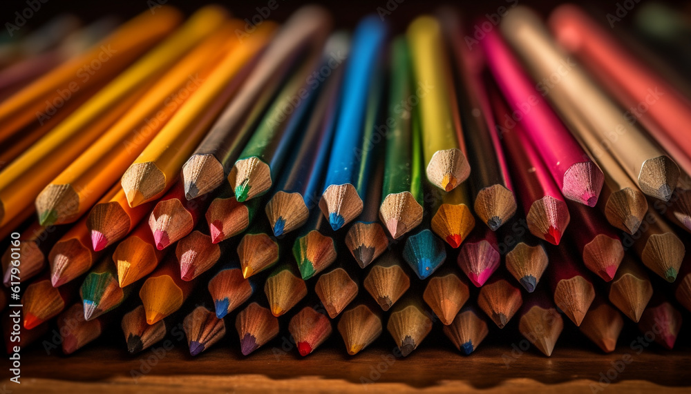 A vibrant spectrum of colored pencils arranged on a wooden table generated by AI A vibrant spectrum of colored pencils arranged on a wooden table generated by AI