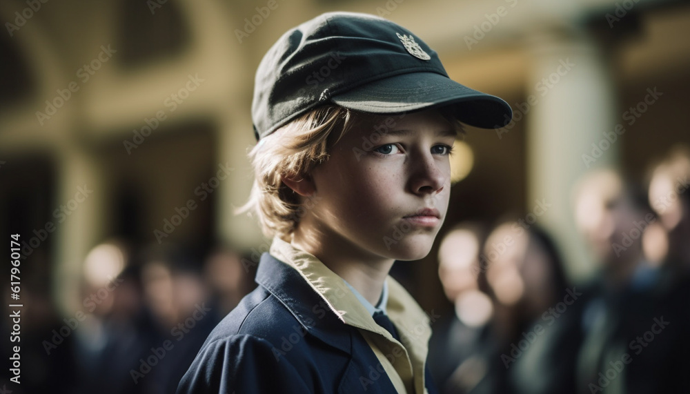 Young adult Caucasian male in cap with selective focus outdoors generated by AI Young adult Caucasian male in cap with selective focus outdoors generated by AI