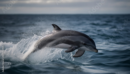 Playful dolphin jumping in the blue sea, splashing with motion generated by AI © Jemastock