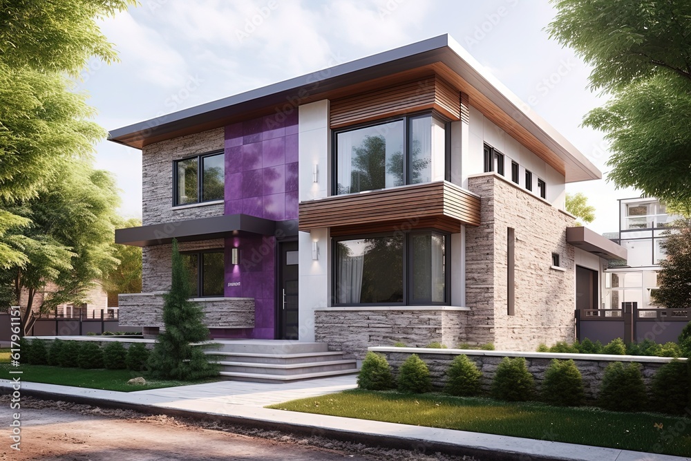 Innovative Styling and Natural Stone Elements: Discover the Exclusive New Development Double Garage House with Stand-Out Purple Siding, generative AI