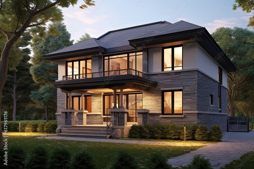 New Development House with Innovative Styling, Double Garage, Light Green Siding, and Natural Stone Accents, generative AI New Development House with Innovative Styling, Double Garage, Light Green Siding, and Natural Stone Accents, generative AI