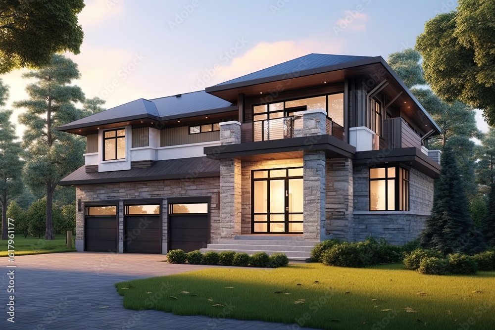 Double Garage and Natural Stone Elements Complement Innovative Styling in Mint Green-Sided Exclusive New Development House, generative AI Double Garage and Natural Stone Elements Complement Innovative Styling in Mint Green-Sided Exclusive New Development House, generative AI