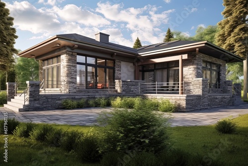 Double garage, innovative styling and green siding highlight new development home with natural stone accents., generative AI
