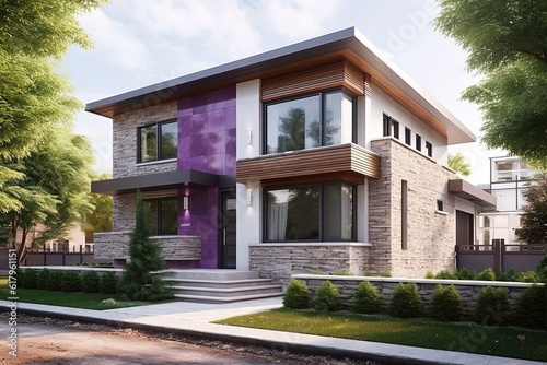 Innovative Styling and Natural Stone Elements  Discover the Exclusive New Development Double Garage House with Stand-Out Purple Siding  generative AI